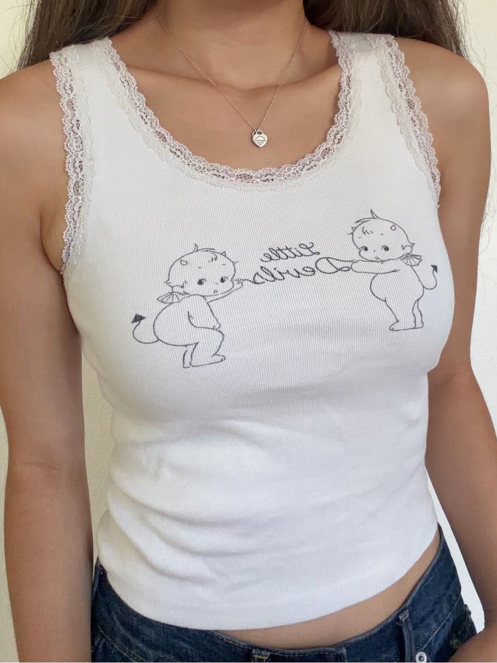 Brandy Melville White Lace-Trim 'Little Devils' Graphic Tank
